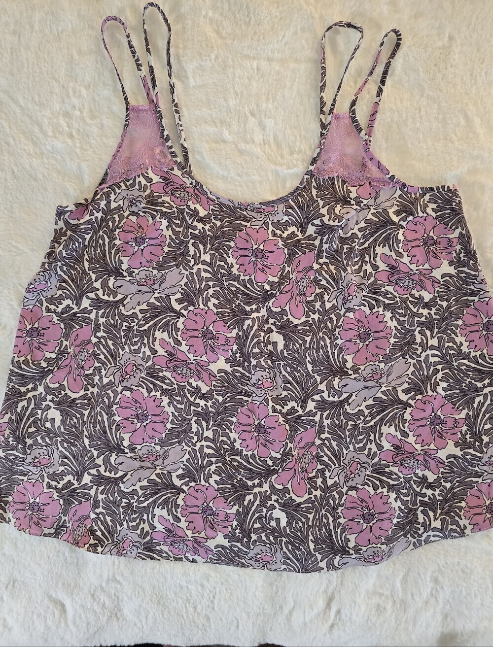 Gilligan & O'Malley Floral Pink/Gray Lace Trim Camisole With Spaghetti Straps